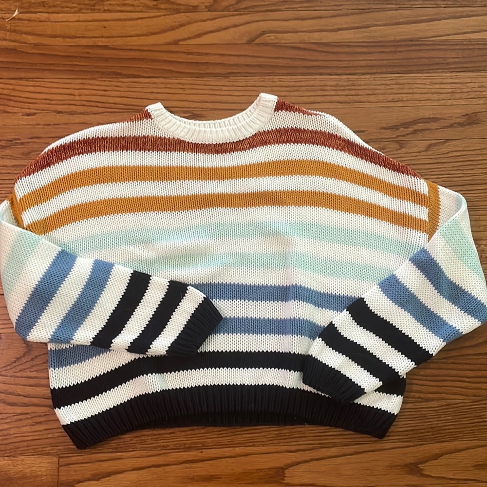 Orange blue and white striped sweater